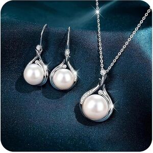 Faux Silver and White Pearl Earrings Necklace Set with Delicate Cradle Design